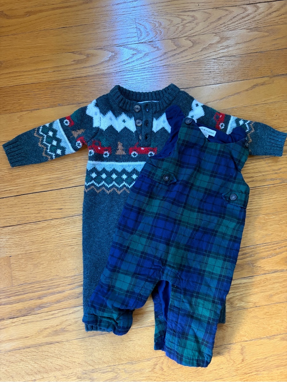 Green & Blue Plaid Overalls and Knit One-Piece
